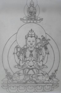 Tangka de Chenrezig réalisée juste au trait